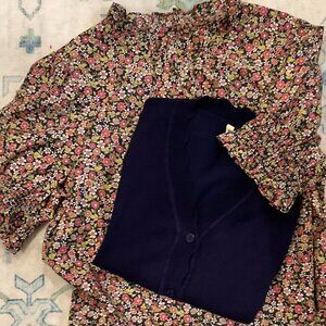 J. Crew Floral Blouse and Navy Scallop edge cardigan